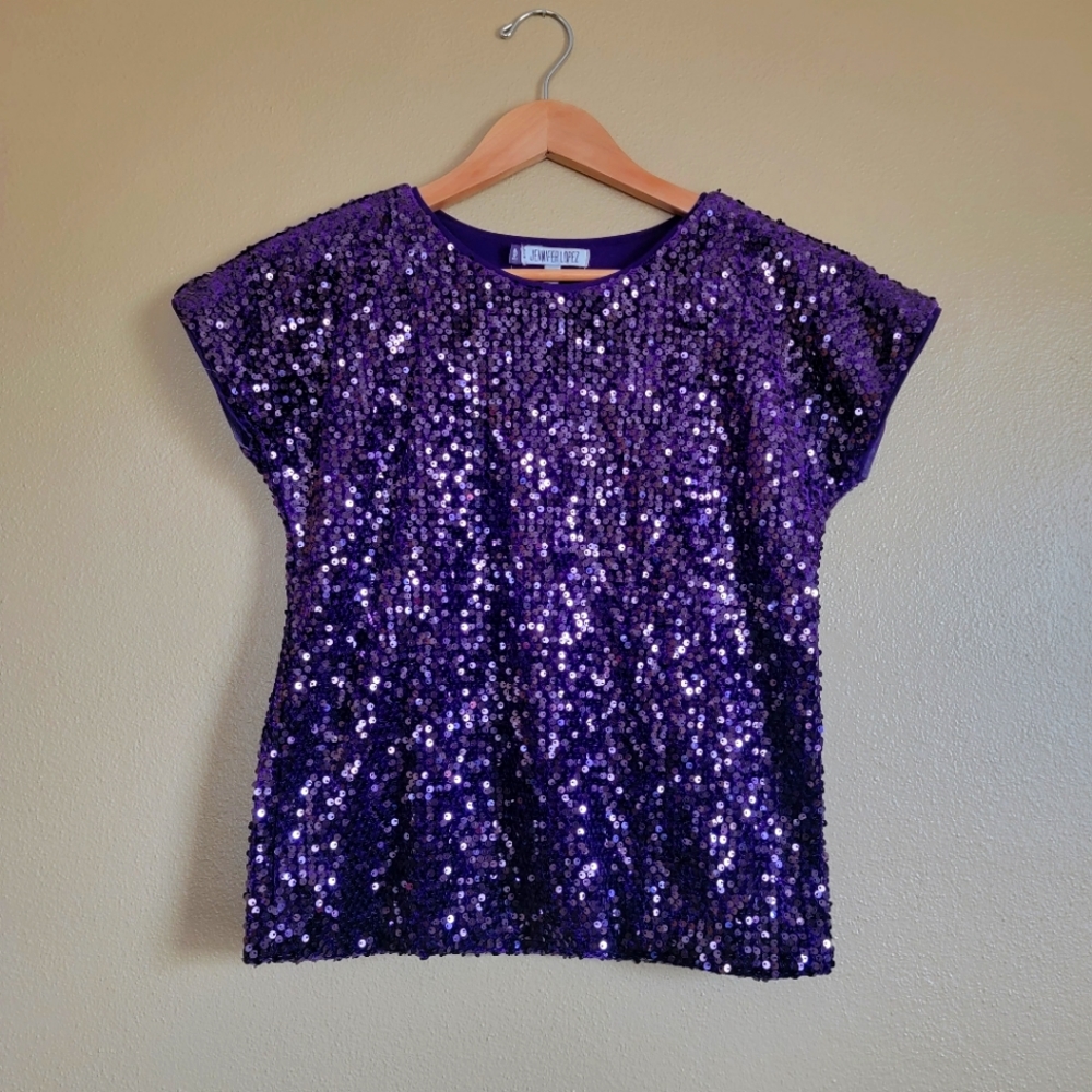 Jennifer Lopez Purple Sequin Velour Top Short Sleeve, Size XS